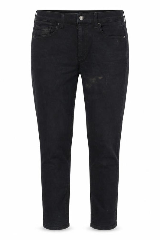 Front view of Topshop women’s grey cotton blend tapered jeans, size UK 30, in, 27-inch leg regular zip