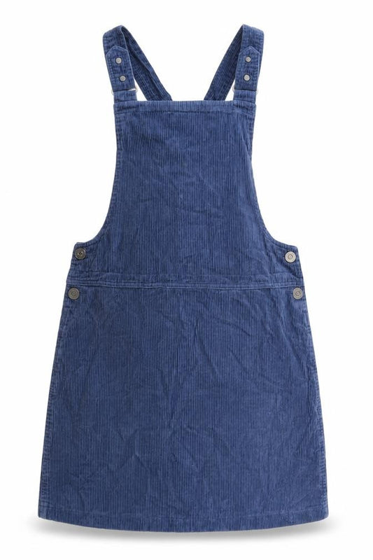 Front view of New Look women’s blue cotton pinafore/dungaree dress, size UK 10, square neck snap