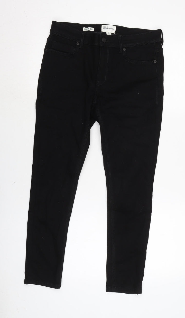 River Island Mens Black Cotton Blend Tapered Jeans Size 30 in L30 in Regular Zip