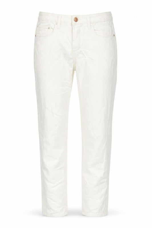 Front view of Topshop women’s ivory cotton blend straight jeans, size UK 10, 27-inch leg regular zip