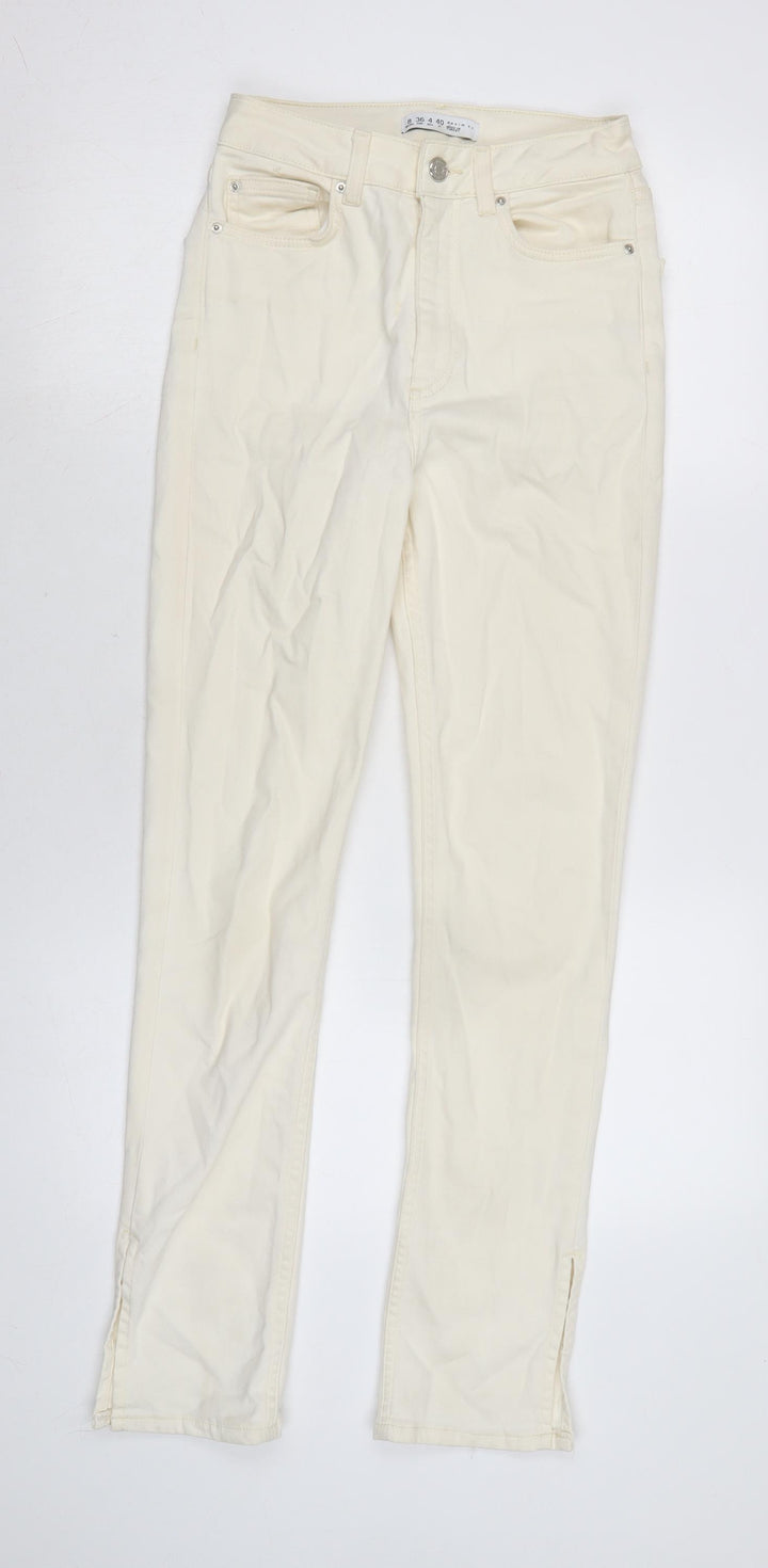 Denim & Co. Womens Ivory Cotton Blend Straight Jeans Size 8 L30 in Regular Zip - Vented at bottom.