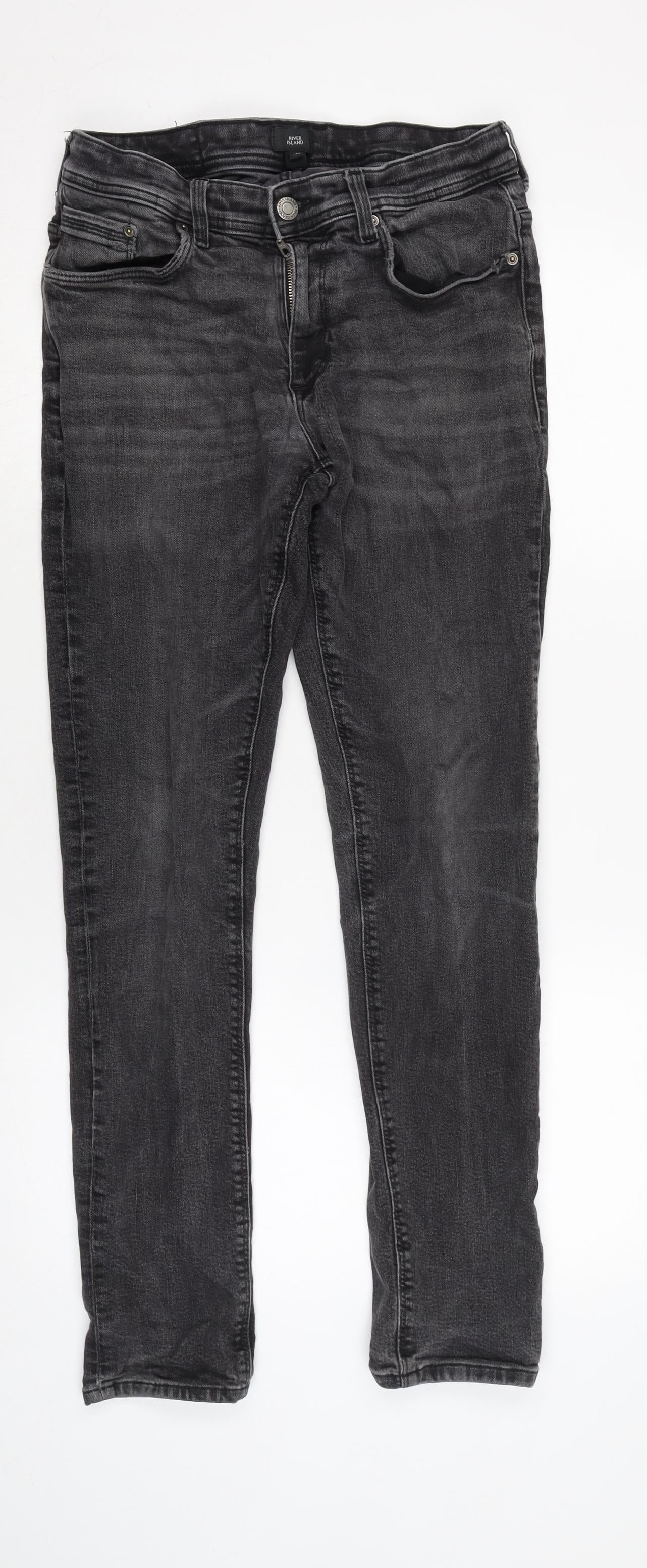 River Island Mens Grey Cotton Blend Straight Jeans Size 30 in L30 in Regular Zip