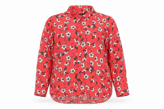 Front view of Next women’s red floral polyester basic button-up, size UK 18, collared