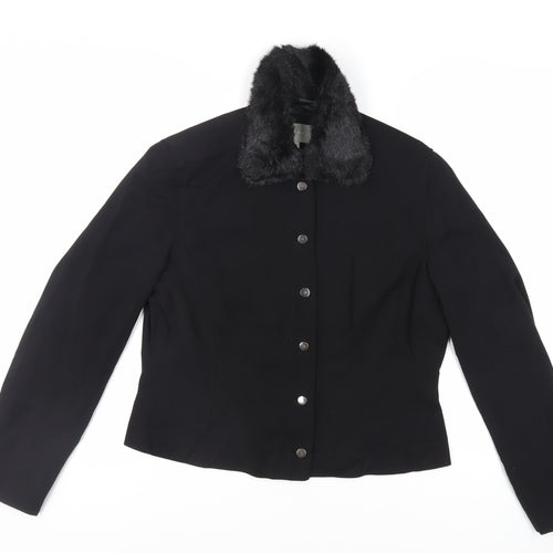 Per Una Womens Black Jacket Size 16 Snap - Faux Fur Collar