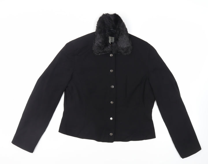 Per Una Womens Black Jacket Size 16 Snap - Faux Fur Collar