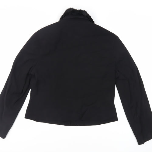 Per Una Womens Black Jacket Size 16 Snap - Faux Fur Collar