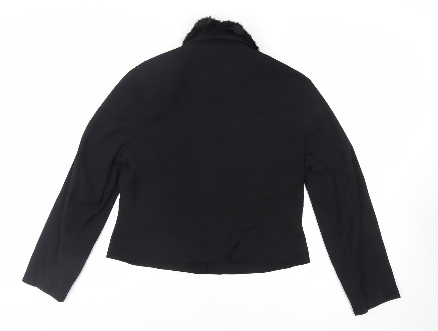 Per Una Womens Black Jacket Size 16 Snap - Faux Fur Collar