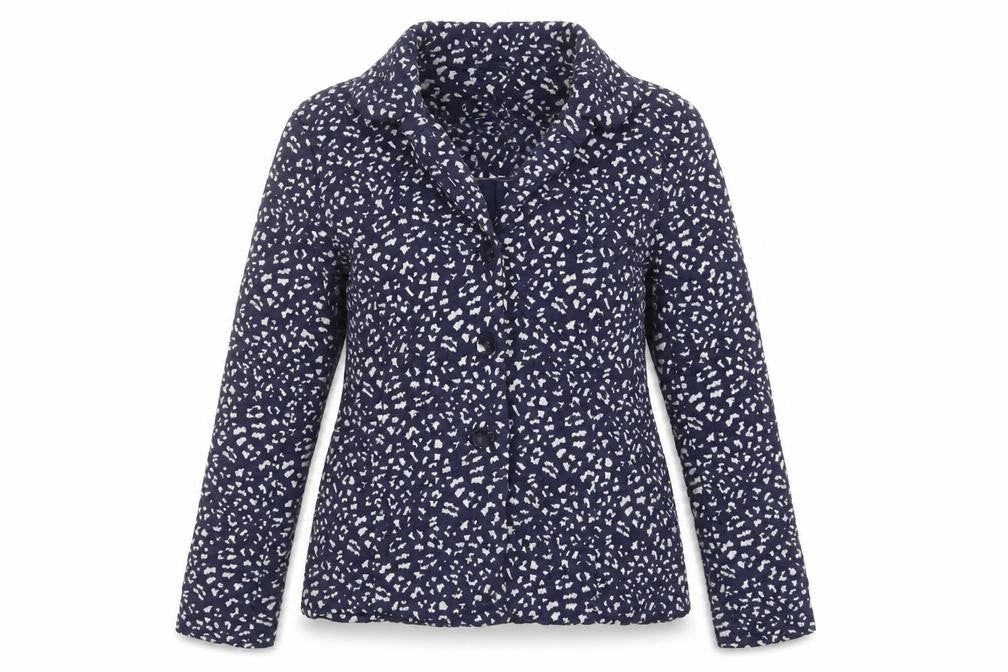 Front view of Per Una women’s blue geometric jacket blazer, size UK 16, button - textured