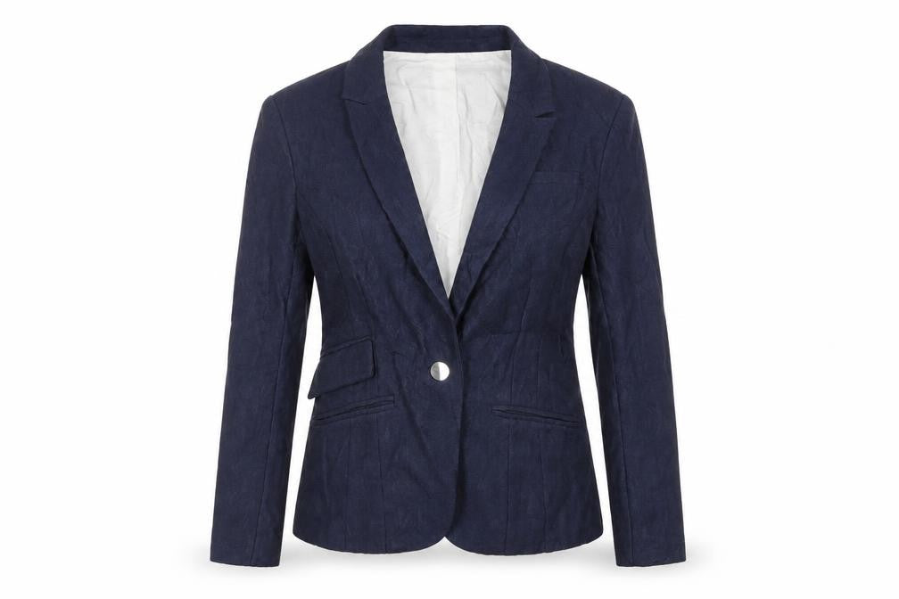 Front view of River Island women’s blue jacket blazer, size UK 12, button - textured
