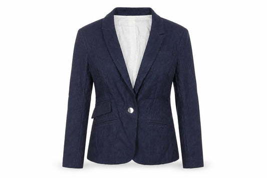 Front view of River Island women’s blue jacket blazer, size UK 12, button - textured