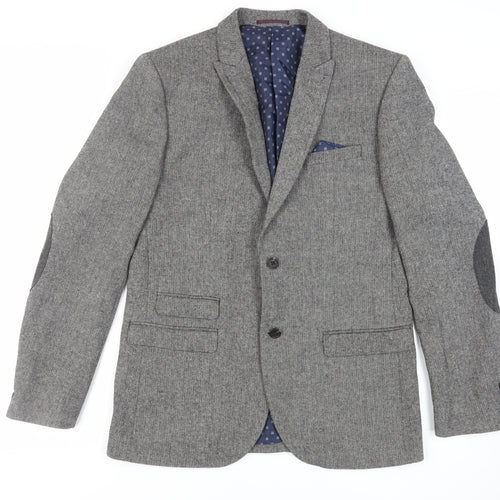 NEXT Mens Grey Herringbone Polyester Jacket Blazer Size 42 Regular - Elbow Patches