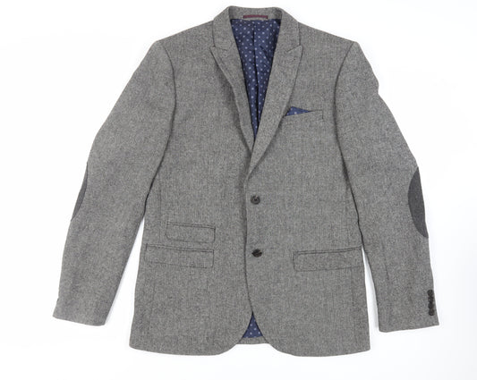 NEXT Mens Grey Herringbone Polyester Jacket Blazer Size 42 Regular - Elbow Patches