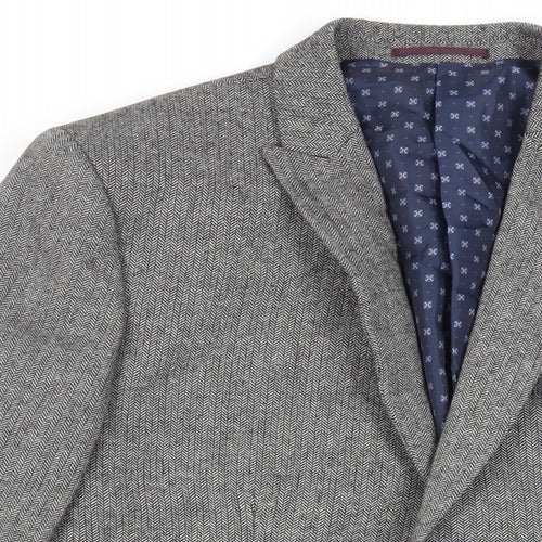 NEXT Mens Grey Herringbone Polyester Jacket Blazer Size 42 Regular - Elbow Patches