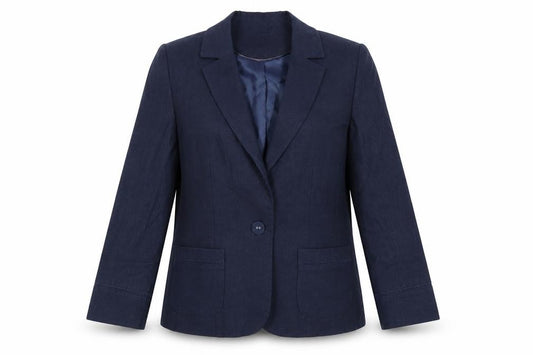 Front view of BHS women’s blue jacket blazer, size UK 14, button