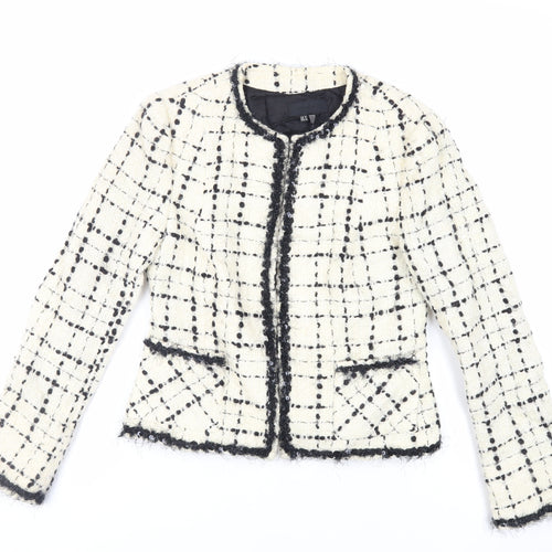 Zara Womens Ivory Plaid Jacket Blazer Size 12 Hook & Eye