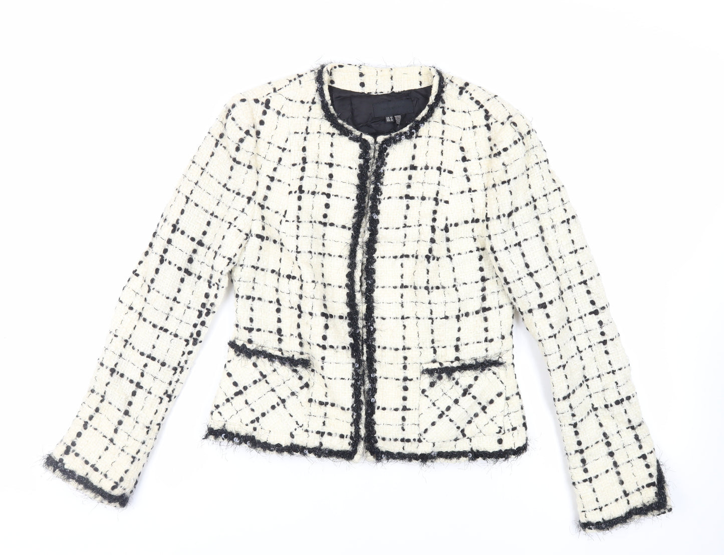 Zara Womens Ivory Plaid Jacket Blazer Size 12 Hook & Eye