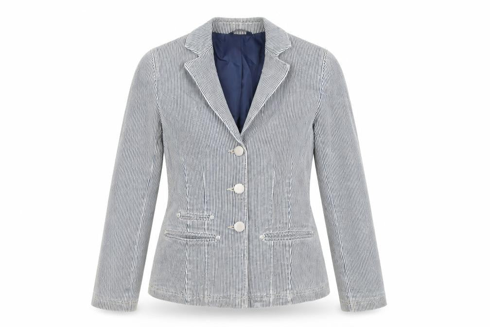 Front view of Marks & Spencer women’s blue striped jacket blazer, size UK 8, button