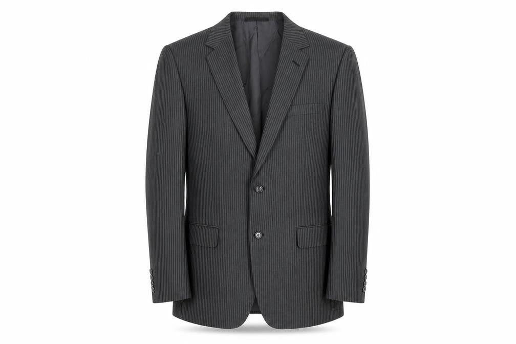 Front view of St Michael men’s grey striped polyester jacket suit jacket, size 40, regular - vintage
