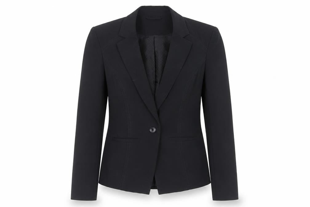 Front view of New Look women’s black jacket blazer, size UK 10, button