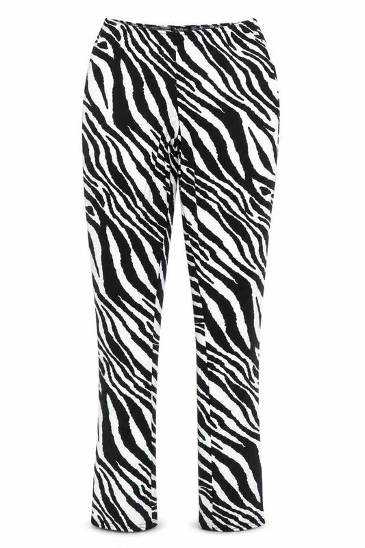 Front view of Boohoo women’s black animal print polyester jogger trousers, size UK 10, 32-inch leg regular - zebra print