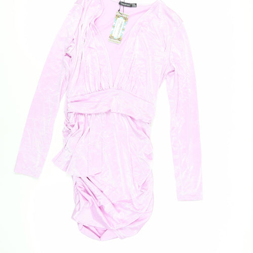 Boohoo Womens Purple Polyester Mini Size 14 V-Neck Pullover - Ruched
