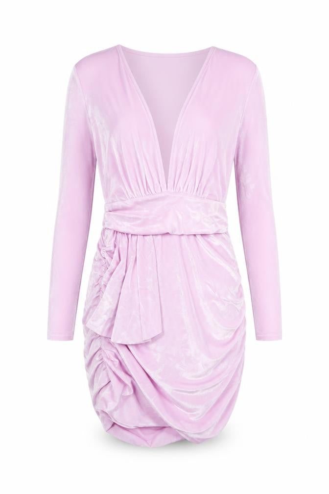 Front view of Boohoo women’s purple polyester mini, size UK 14, v-neck pullover - ruched