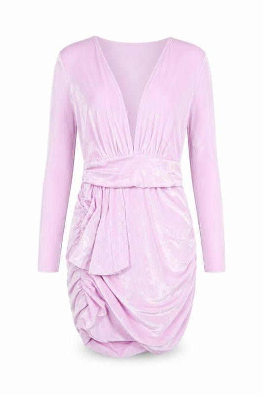 Front view of Boohoo women’s purple polyester mini, size UK 14, v-neck pullover - ruched