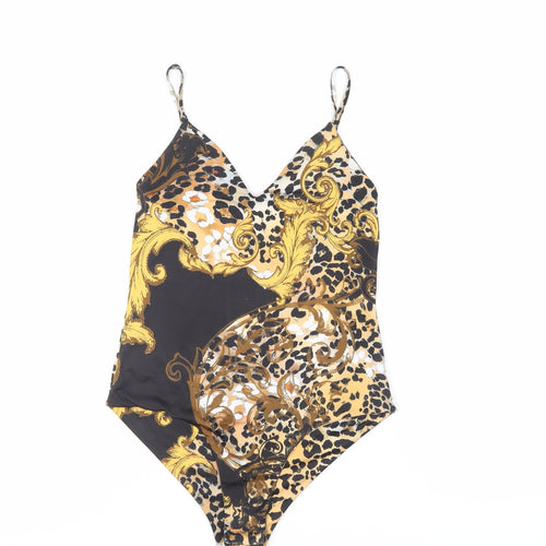 PRETTYLITTLETHING Womens Black Animal Print Polyester Bodysuit One-Piece Size 8 Snap