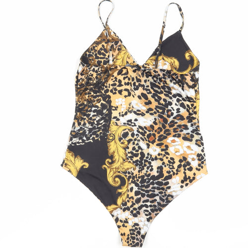 PRETTYLITTLETHING Womens Black Animal Print Polyester Bodysuit One-Piece Size 8 Snap