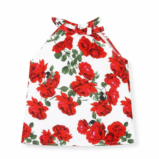 Front view of PatPat girls’ white floral polyester basic blouse, size 9-10, years halter button