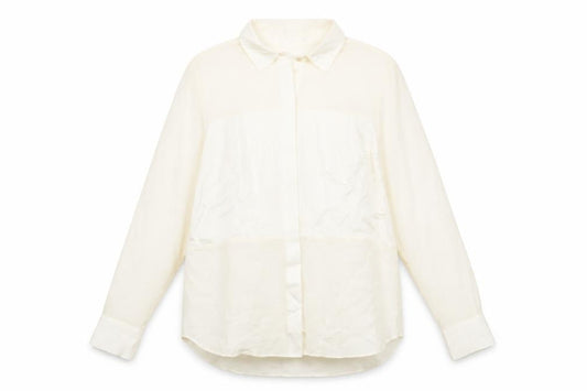 Front view of Mango women’s ivory polyester basic button-up, size S, collared