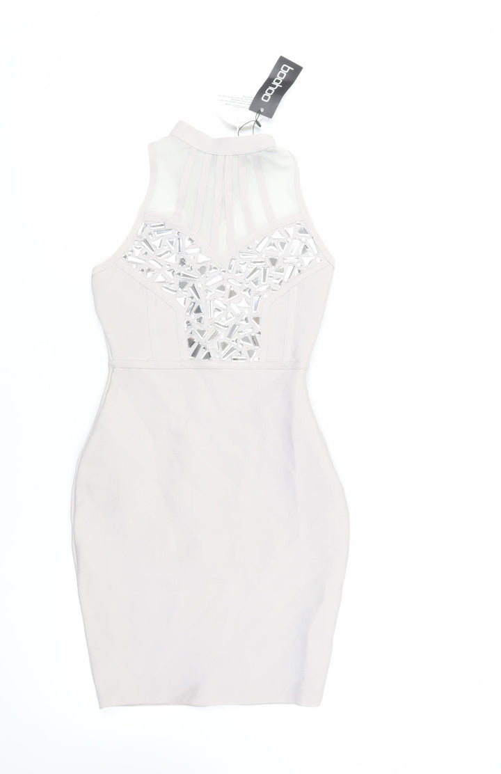 Boohoo Womens Grey Polyester Bodycon Size 8 Halter Hook & Eye - Embellished