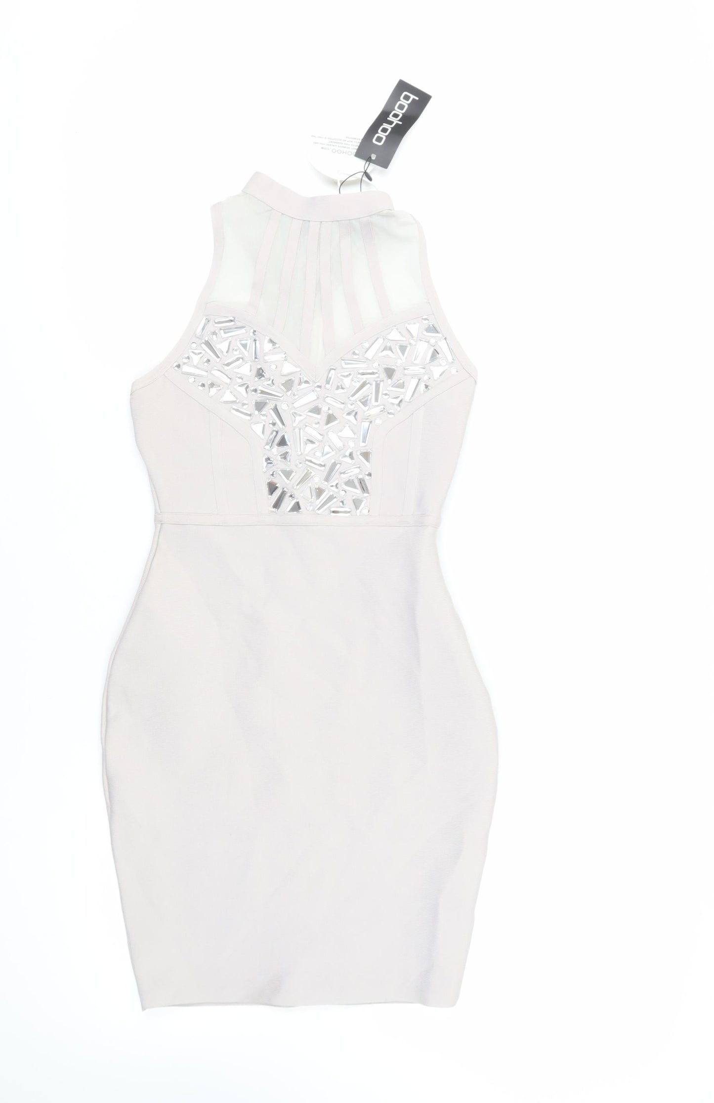 Boohoo Womens Grey Polyester Bodycon Size 8 Halter Hook & Eye - Embellished