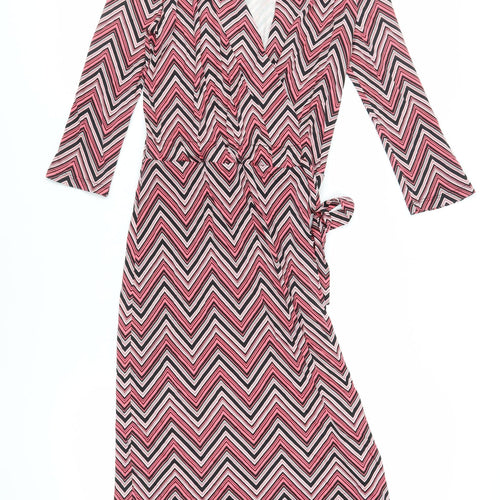 PURE Collection Womens Pink Geometric Silk Wrap Dress Size 8 V-Neck Tie