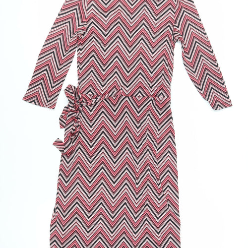 PURE Collection Womens Pink Geometric Silk Wrap Dress Size 8 V-Neck Tie