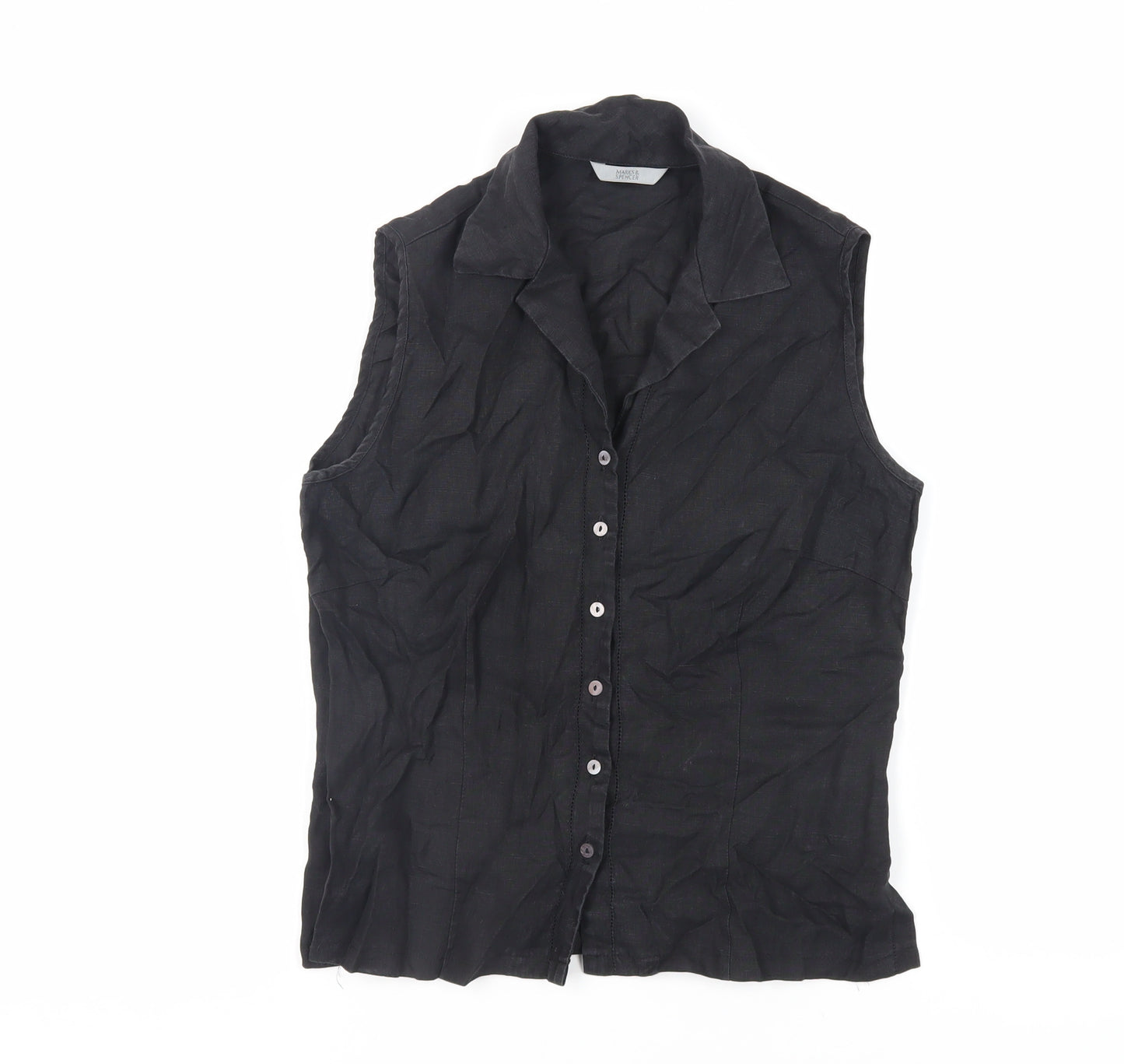 Marks and Spencer Womens Black Linen Basic Button-Up Size 12 Collared