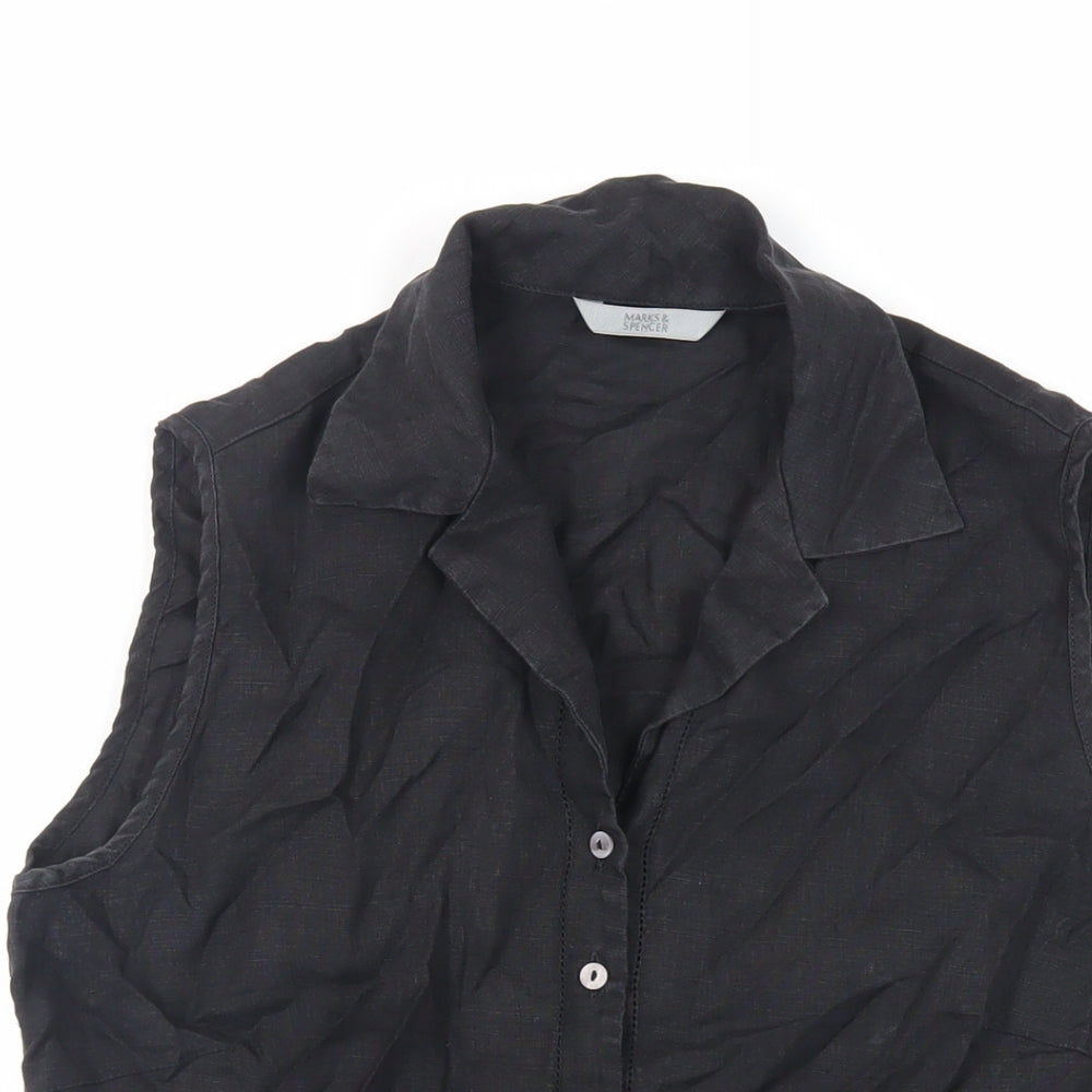 Marks and Spencer Womens Black Linen Basic Button-Up Size 12 Collared