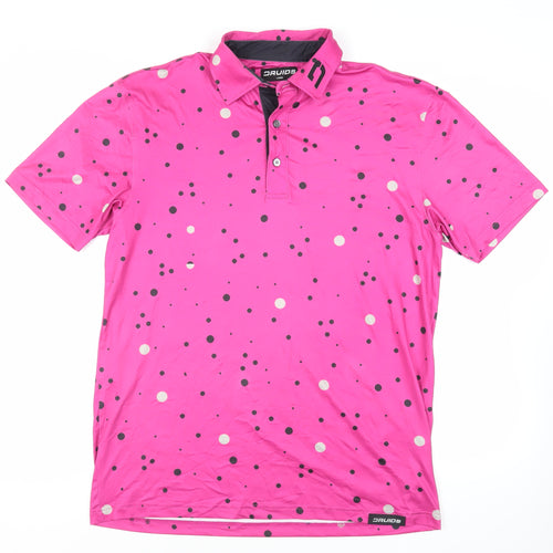 Druids Mens Pink Polka Dot Polyester Polo Size L Collared Button - Logo