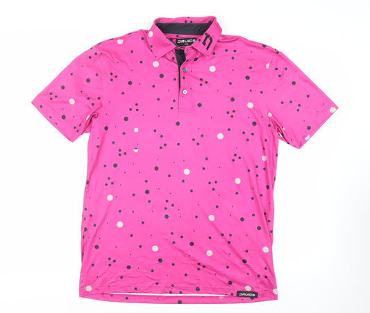 Druids Mens Pink Polka Dot Polyester Polo Size L Collared Button - Logo