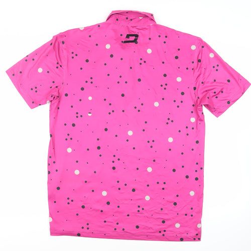 Druids Mens Pink Polka Dot Polyester Polo Size L Collared Button - Logo