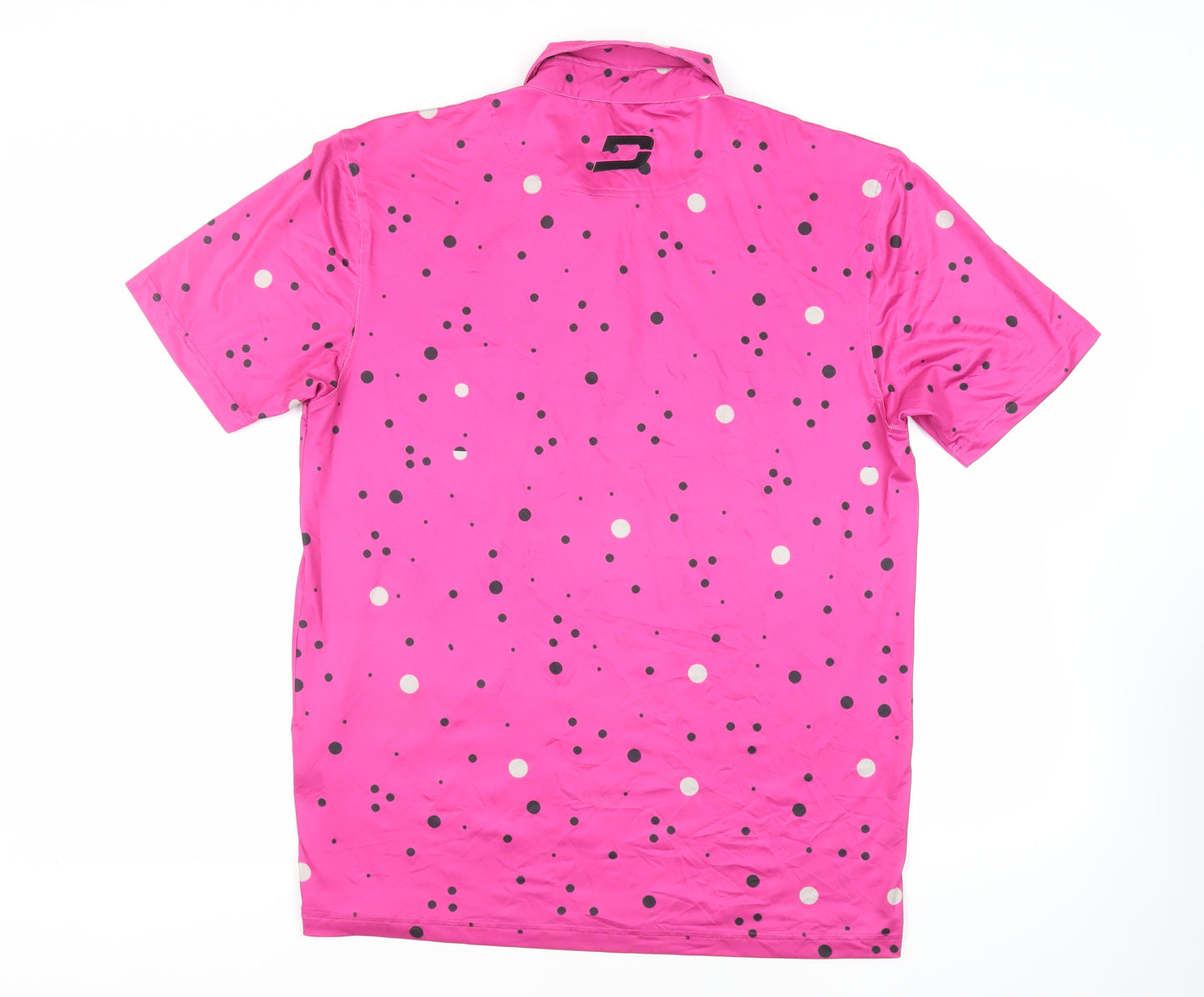 Druids Mens Pink Polka Dot Polyester Polo Size L Collared Button - Logo