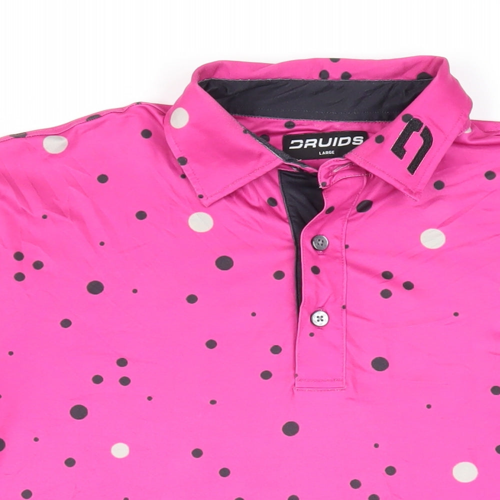 Druids Mens Pink Polka Dot Polyester Polo Size L Collared Button - Logo