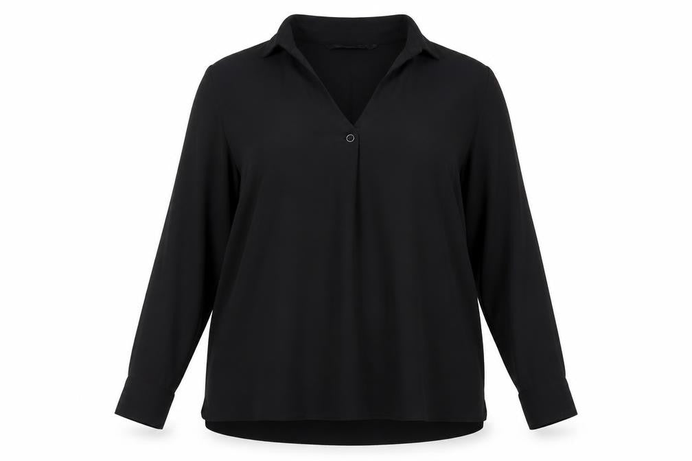 Front view of Dorothy Perkins women’s black polyester basic blouse, size UK 18, collared