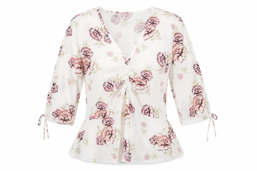Front view of Select women’s white floral polyester basic blouse, size UK 14, v-neck
