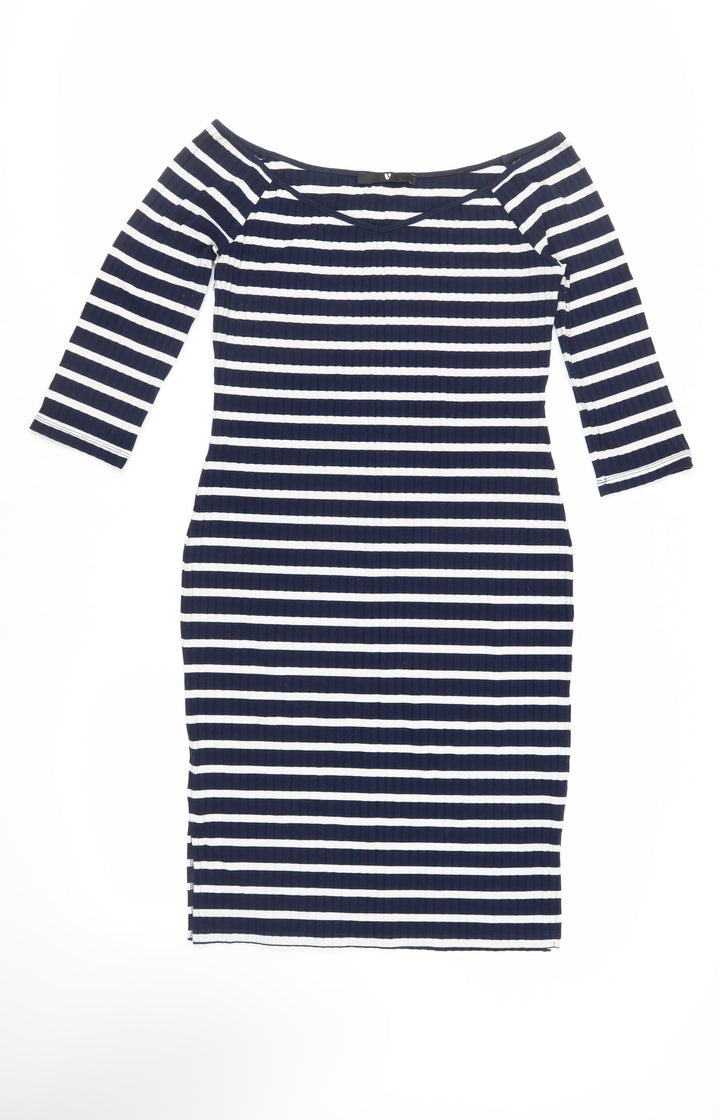 Very Womens Blue Striped Polyester Bodycon Size 14 Boat Neck Pullover - Ribbed