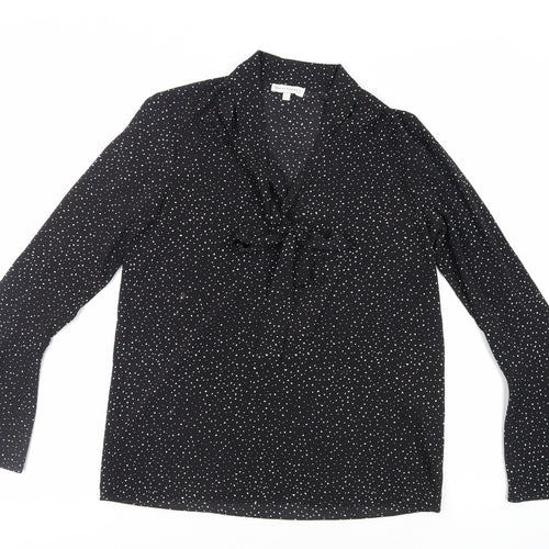 Warehouse Womens Black Geometric Polyester Basic Blouse Size 8 V-Neck - Tie Neck