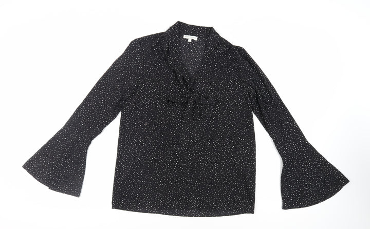 Warehouse Womens Black Geometric Polyester Basic Blouse Size 8 V-Neck - Tie Neck