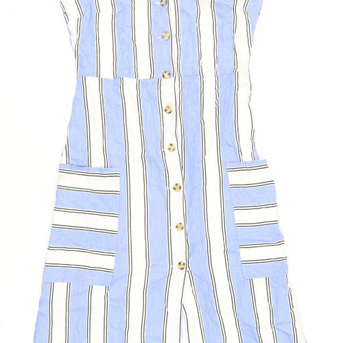 Warehouse Womens Blue Striped Viscose Tank Dress Size 12 V-Neck Button - Pockets