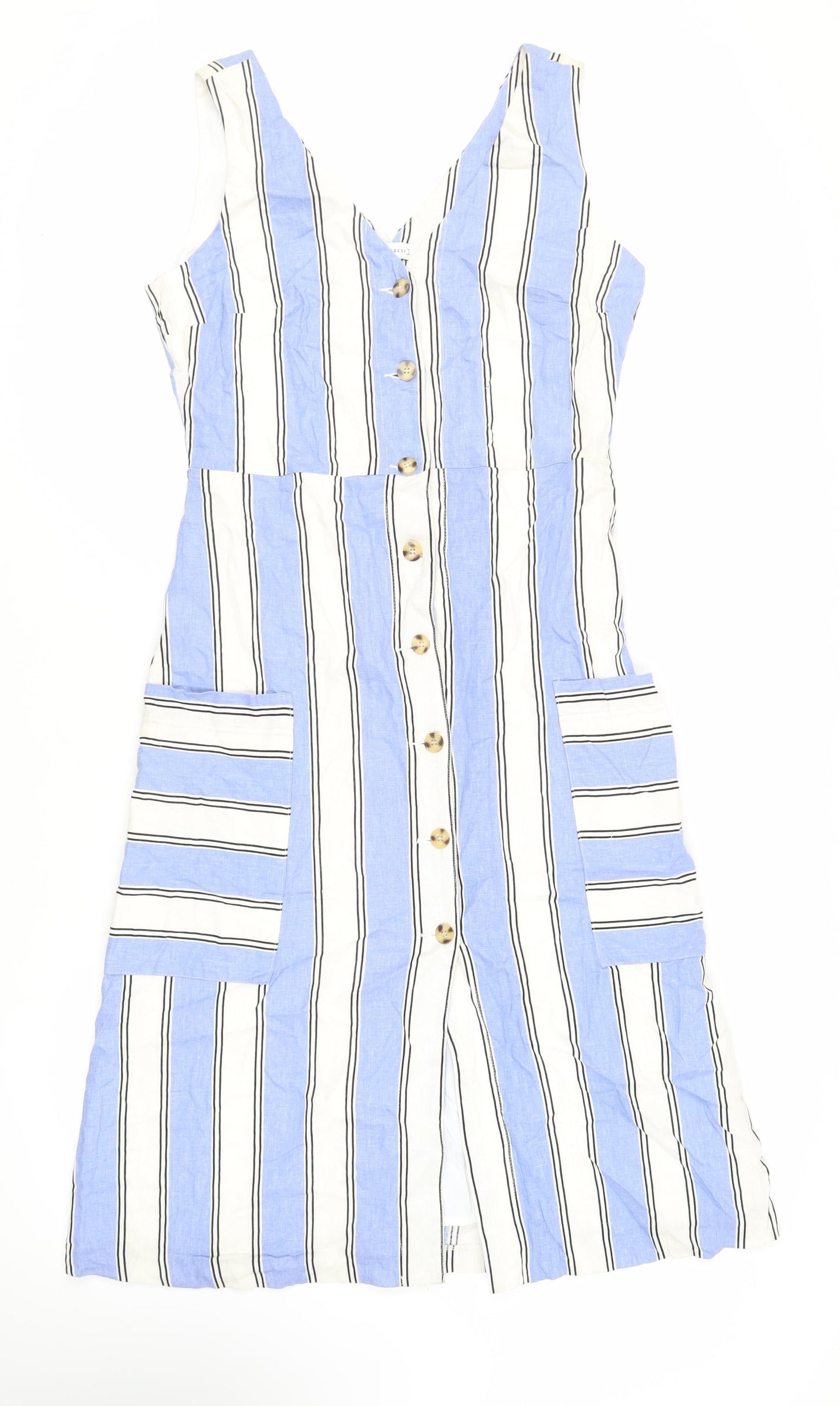 Warehouse Womens Blue Striped Viscose Tank Dress Size 12 V-Neck Button - Pockets