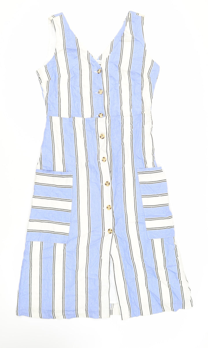 Warehouse Womens Blue Striped Viscose Tank Dress Size 12 V-Neck Button - Pockets